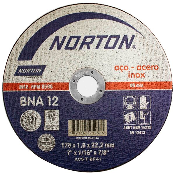 DISCO DE CORTE PARA ACO/ACO INOX 7”X1,6MMX7/8” BNA12 NORTON