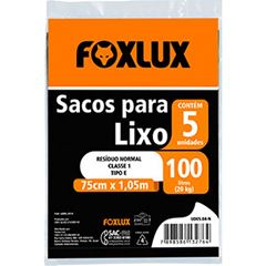 SACO LIXO 75X105CM 100L PT C/5UN FOXLUX