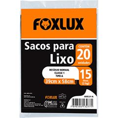 SACO LIXO 39X58CM 15L PT C/20UN FOXLUX